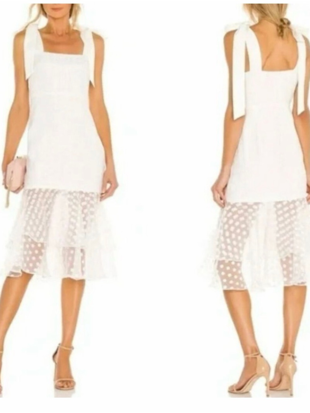 Lovers + Friends White Tie-Shoulder Midi Dress with Polka-Dot Tiered Mesh Hem